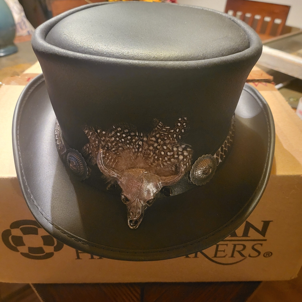 American Hat Makers Black Leather Top Hat with Skull Accent